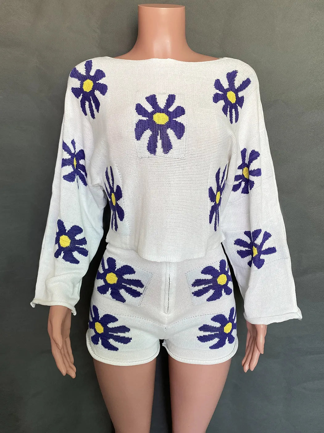 Jastie 3 Colors 2024 Winter Autumn Women's Sweater Sets Daisy Floral Knitted Loungewear Loose Pullover Tops Short Pants White