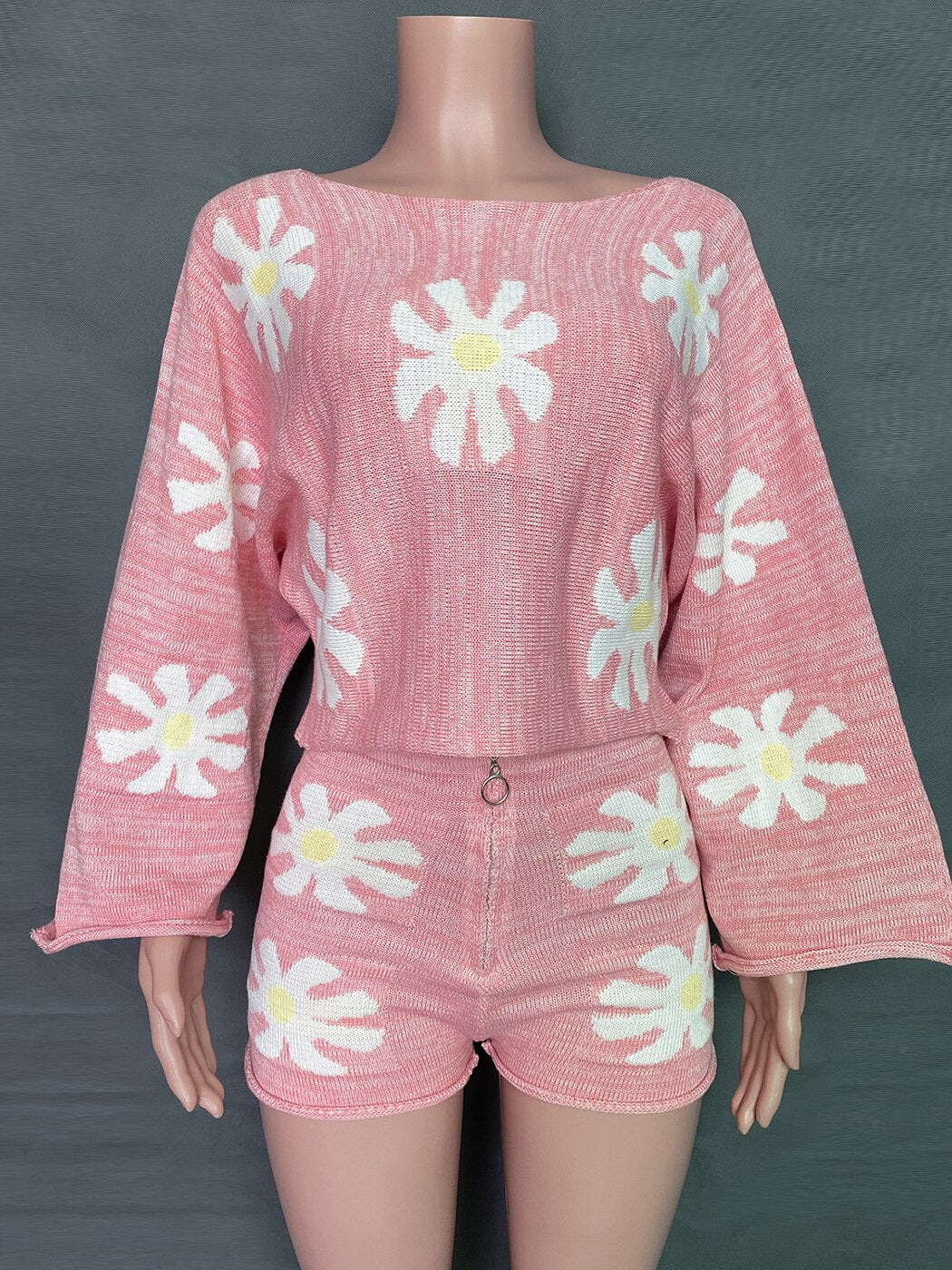 Jastie 3 Colors 2024 Winter Autumn Women's Sweater Sets Daisy Floral Knitted Loungewear Loose Pullover Tops Short Pants Pink