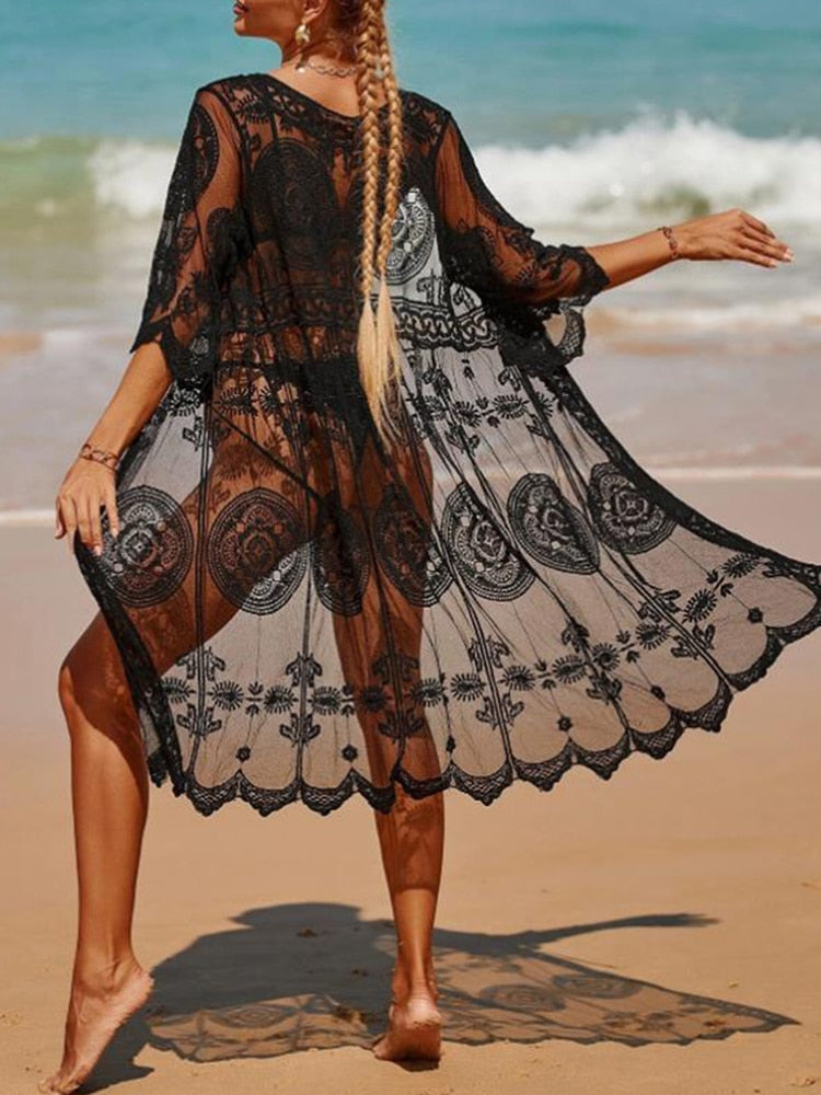 Jastie Bohemian Sexy Beach Bikini Cover Up Tunic Pareo Crochet Lace Women 2022 Summer Holiday Swimwear Sunscreen Cardigan Tops Black One Size