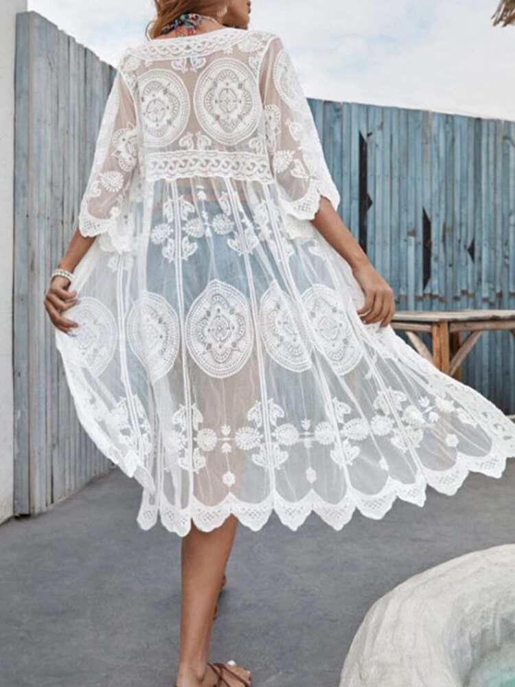Jastie Bohemian Sexy Beach Bikini Cover Up Tunic Pareo Crochet Lace Women 2022 Summer Holiday Swimwear Sunscreen Cardigan Tops White One Size