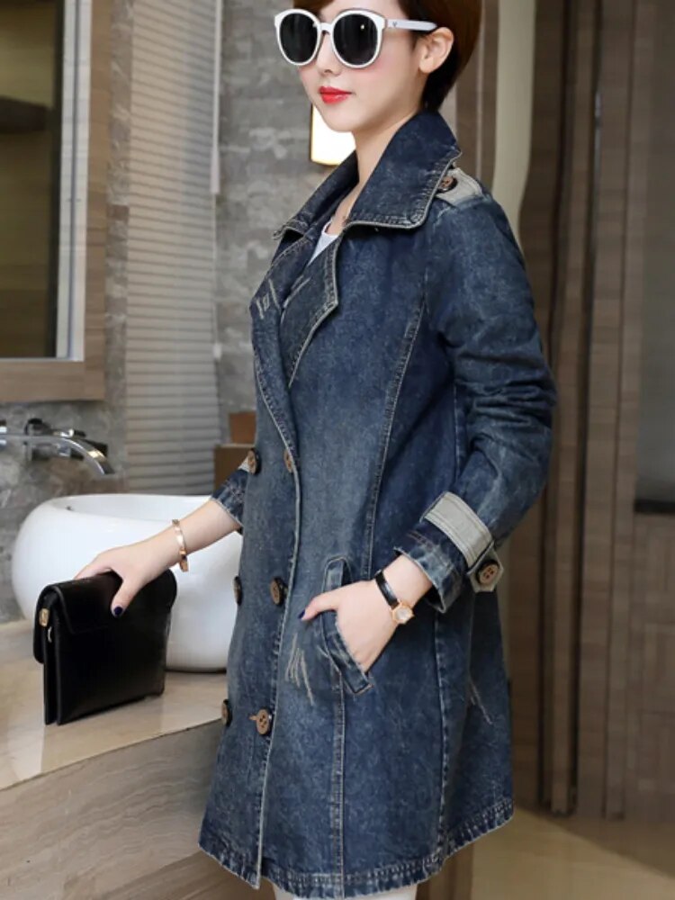 Jean Jacket for Women 2024 Autumn/Winter Lapel Single Breasted Perforated Denim Trench Coat for Women Clothing Top Denim Jacket