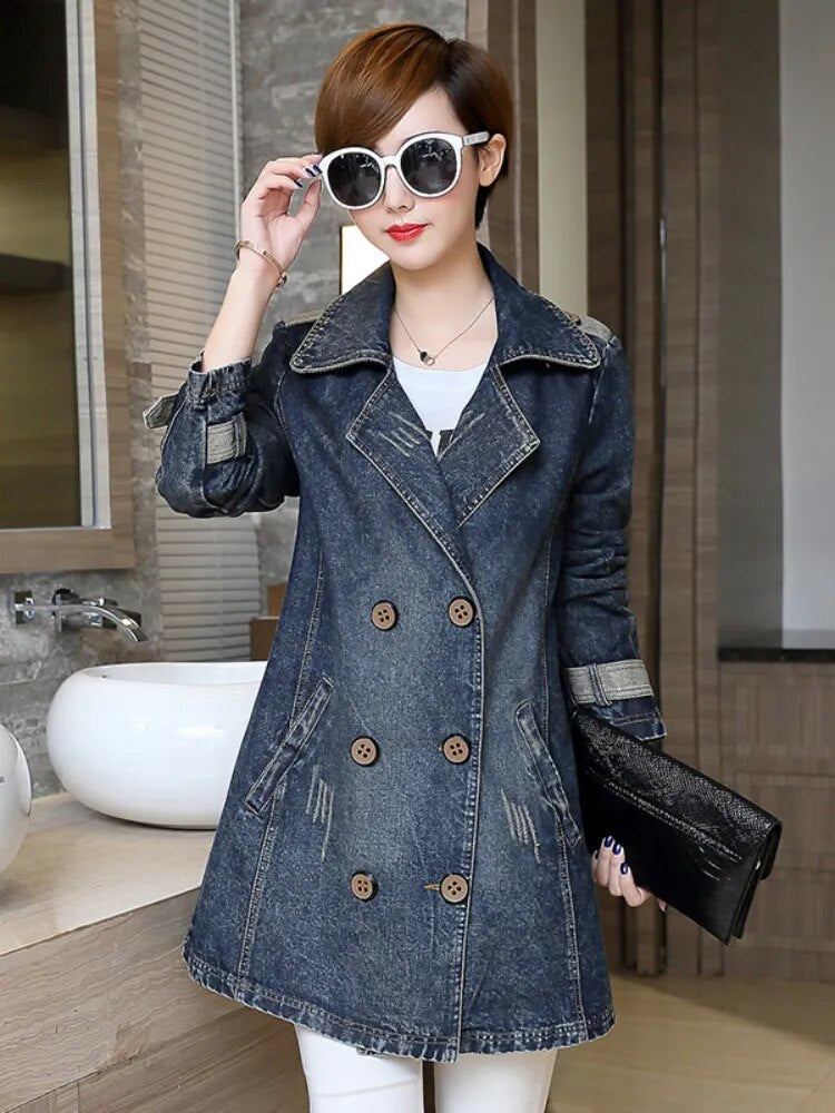Jean Jacket for Women 2024 Autumn/Winter Lapel Single Breasted Perforated Denim Trench Coat for Women Clothing Top Denim Jacket blue