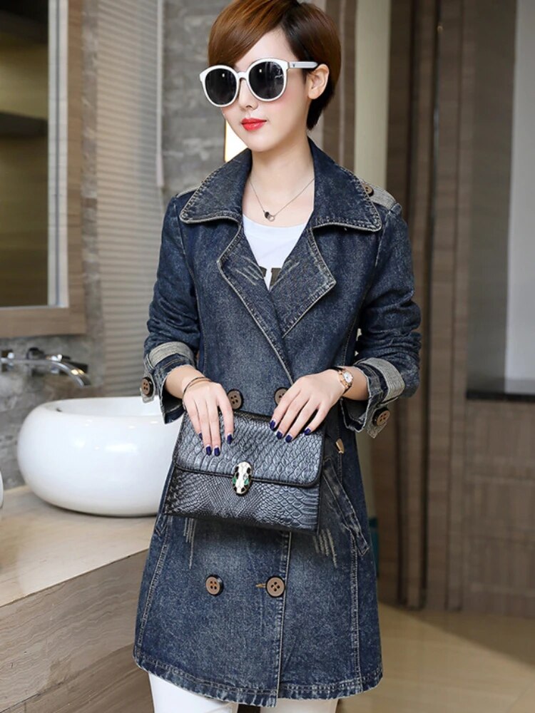 Jean Jacket for Women 2024 Autumn/Winter Lapel Single Breasted Perforated Denim Trench Coat for Women Clothing Top Denim Jacket