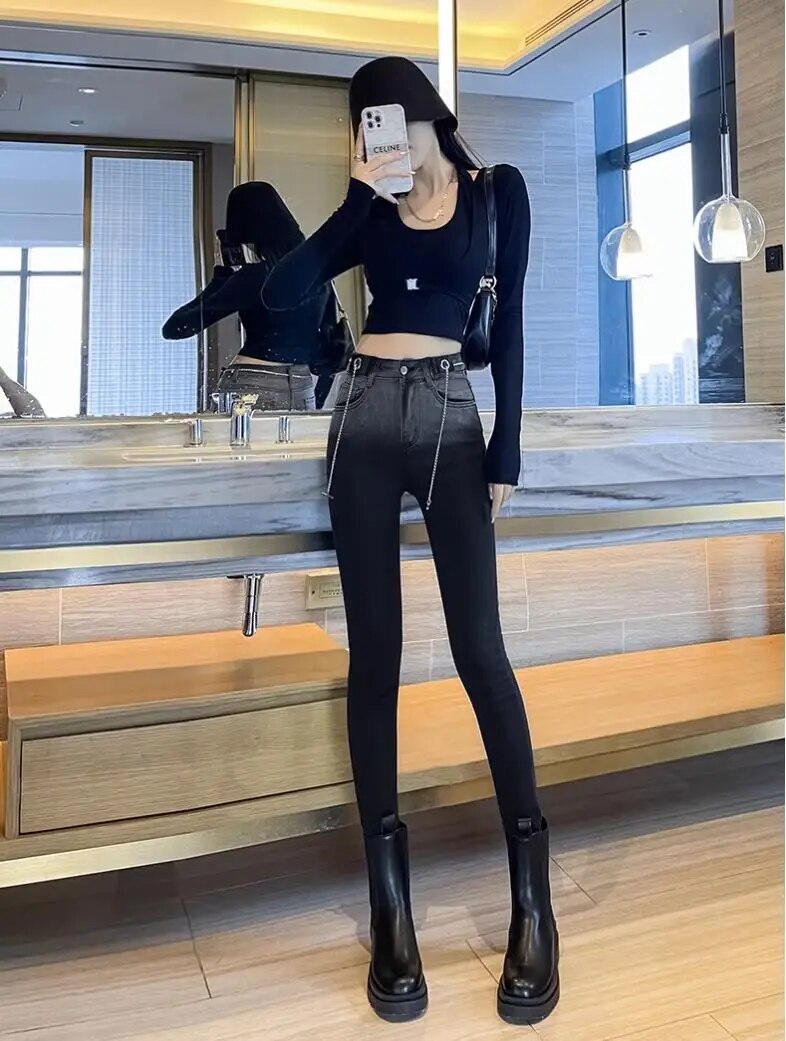 Jeans women spring and autumn winter Y2K 2024 new explosive plus fleece fashion slim slim slim slim pants women traf