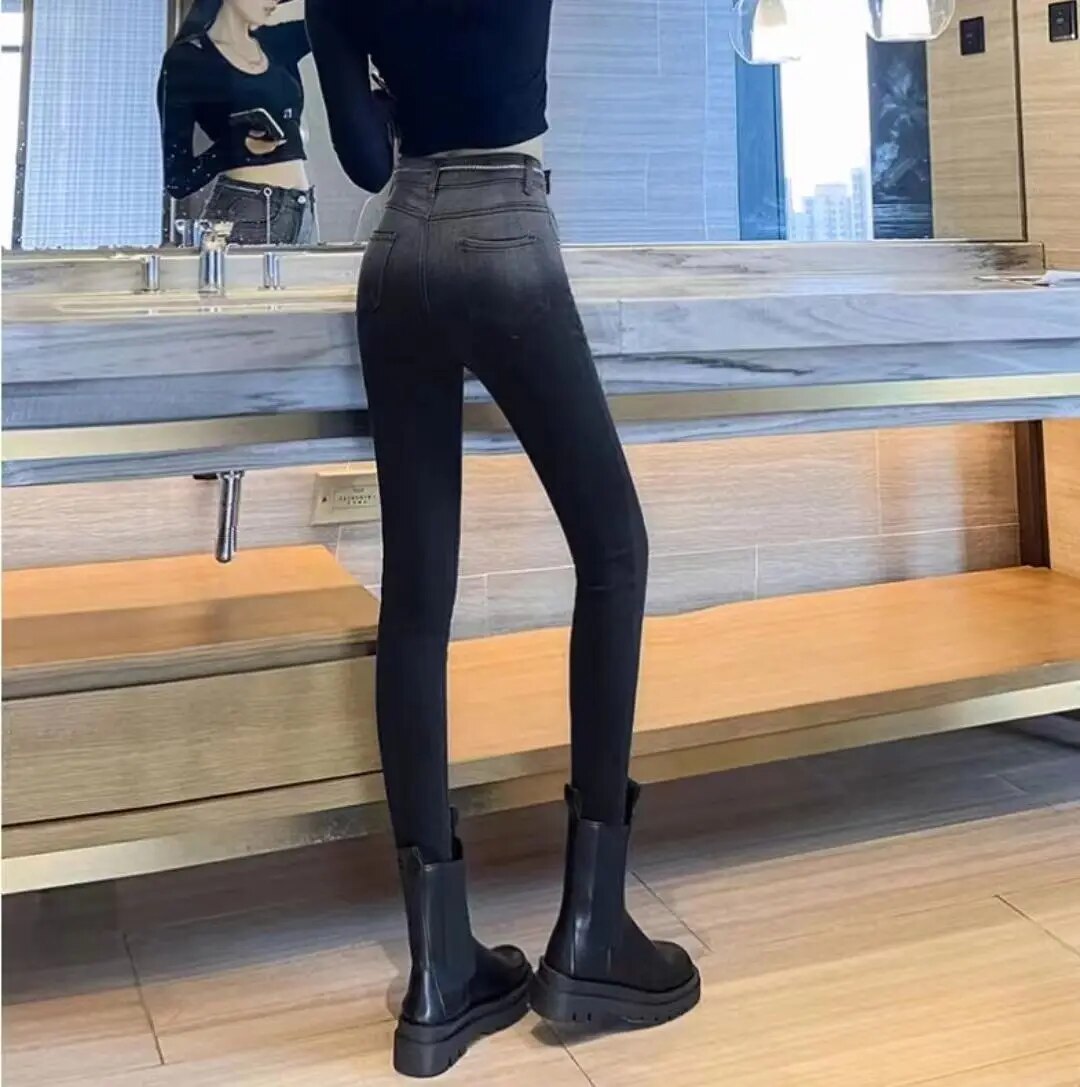 Jeans women spring and autumn winter Y2K 2024 new explosive plus fleece fashion slim slim slim slim pants women traf Blue