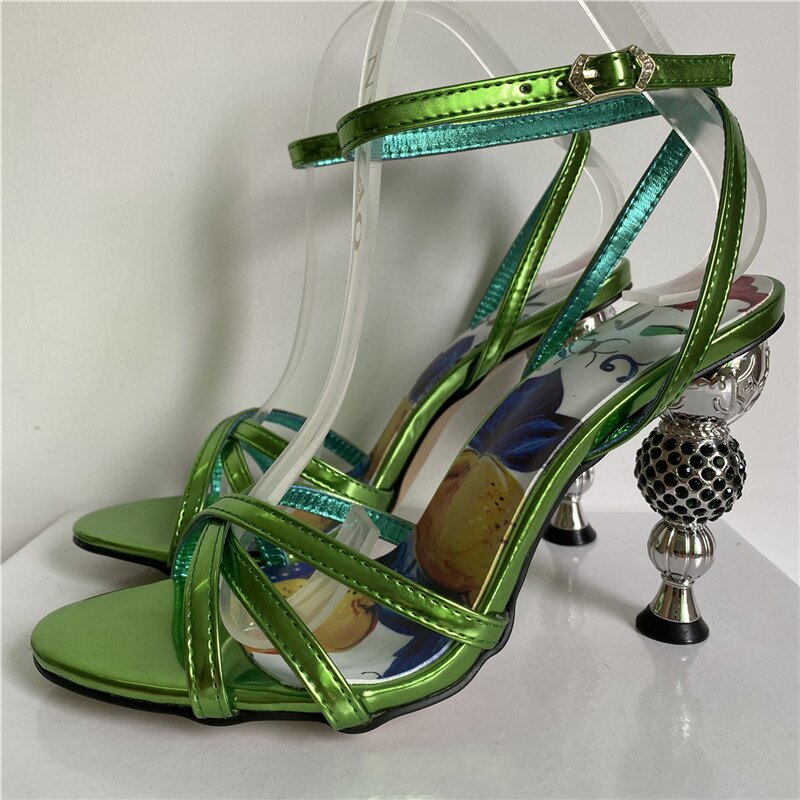 Jeweled Crystal Metal Strange Heel Sandals Women Sexy Cross Narrow Band Printed Flower Color 2024 Summer Banquet Shoes Woman Green