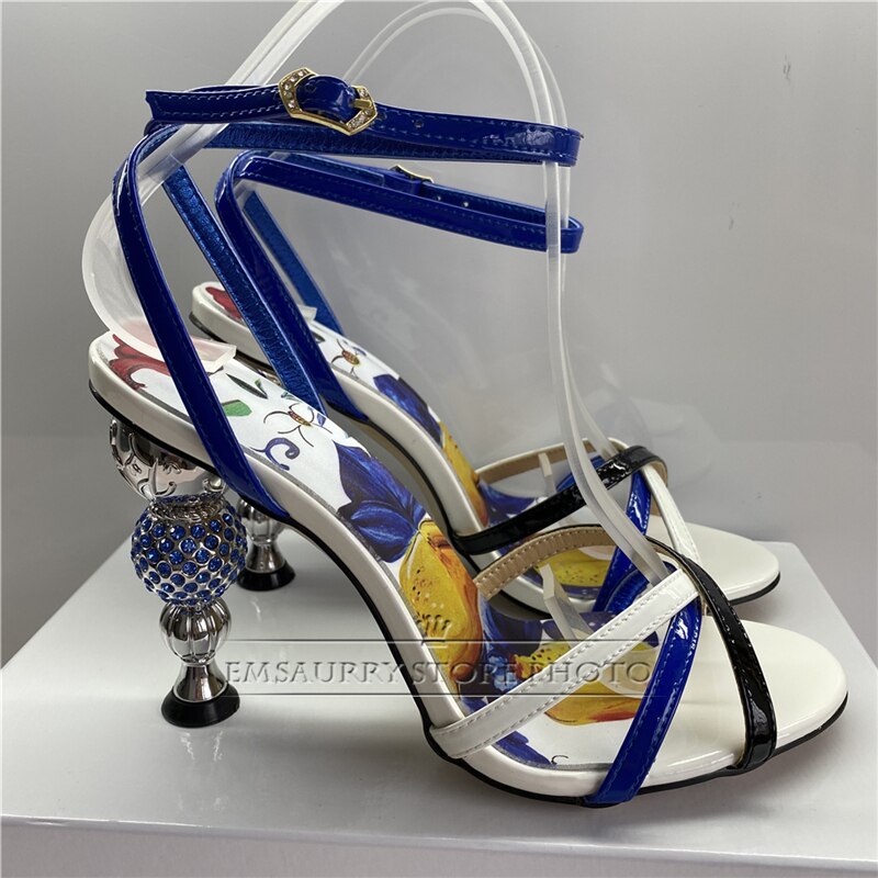 Jeweled Crystal Metal Strange Heel Sandals Women Sexy Cross Narrow Band Printed Flower Color 2024 Summer Banquet Shoes Woman