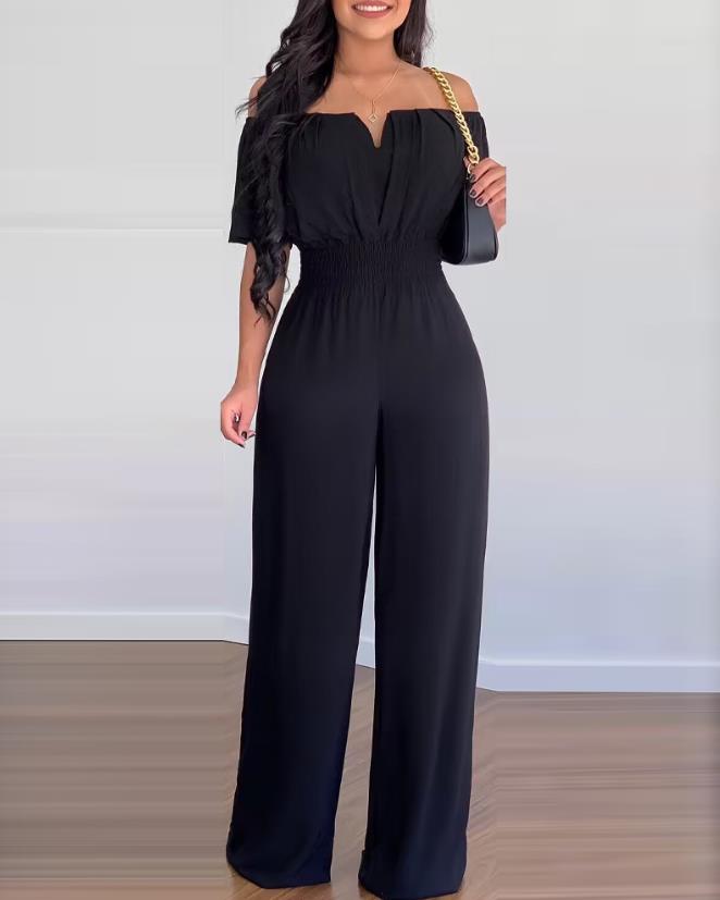 Jumpsuits for Women 2024 Spring Fashion Off Shoulder Casual Plain Short Sleeve Shirred Waist Daily Long Wide Leg Jumpsuit B