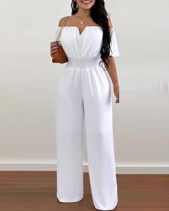 Jumpsuits for Women 2024 Spring Fashion Off Shoulder Casual Plain Short Sleeve Shirred Waist Daily Long Wide Leg Jumpsuit A