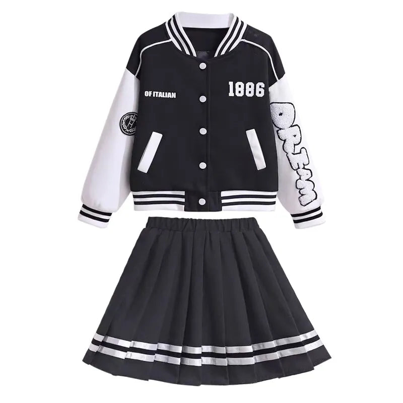 Junior Girls Autumn Baseball Suits Jacket & Pleated Skirt 2 Pcs Outfits School Uniform Sets Kids Sports Casual Clothing 7-14Y White