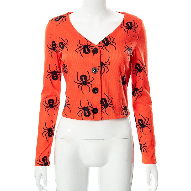JyoJyo Cardigan women cropped V-Neck buttons Sexy short Casual coats Halloween carton print Autumn V-neck Long Sleeve Streetwear XP21SW430