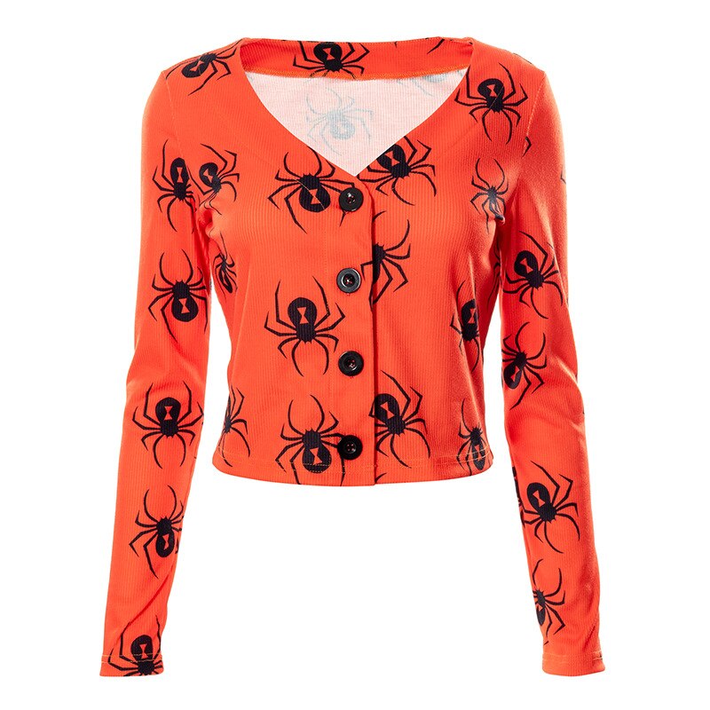 JyoJyo Cardigan women cropped V-Neck buttons Sexy short Casual coats Halloween carton print Autumn V-neck Long Sleeve Streetwear