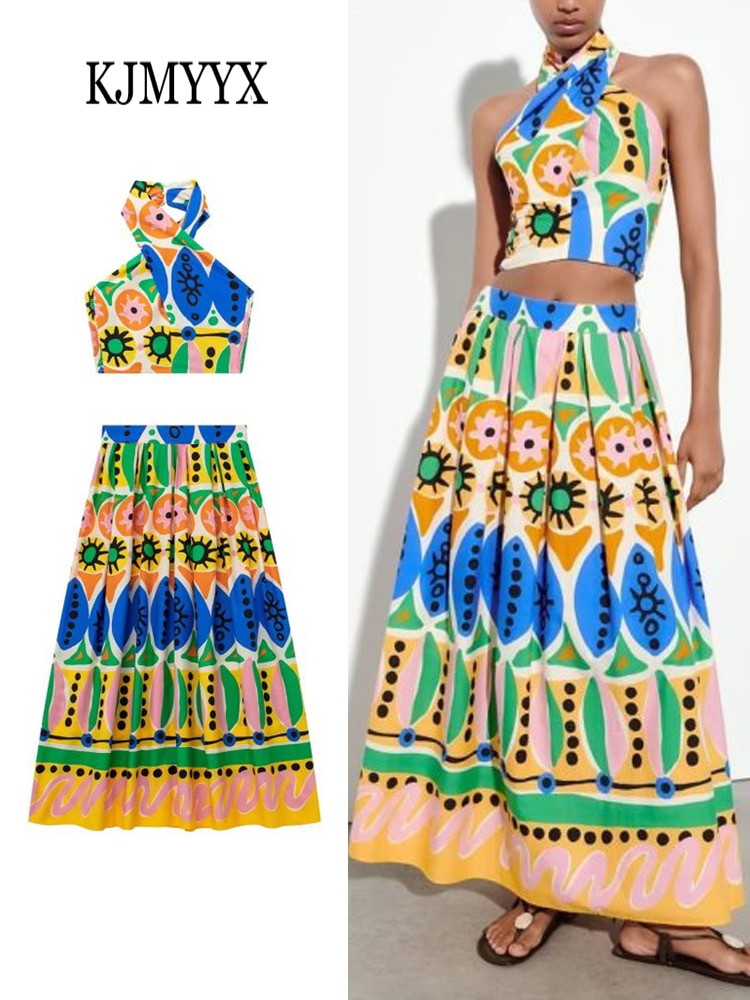 KJMYYX 2024 Fashion Summer Print Skirt Sets For Women Female Causal Halter Sleeveless Camisole Tops A-Line Mid-Calf Skirt
