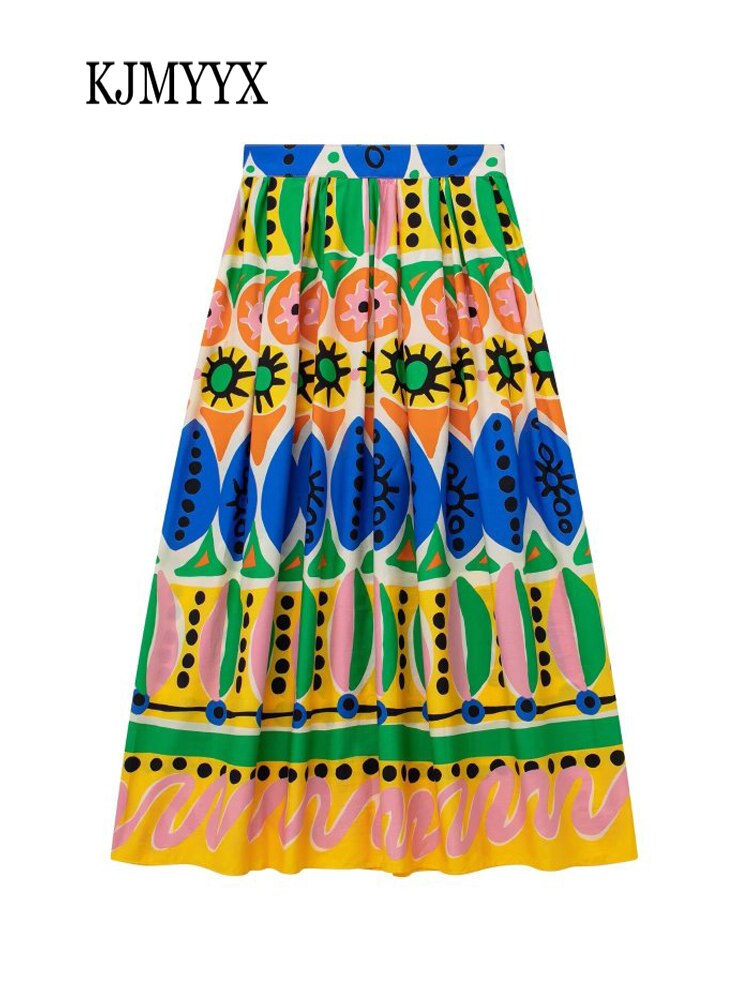 KJMYYX 2024 Fashion Summer Print Skirt Sets For Women Female Causal Halter Sleeveless Camisole Tops A-Line Mid-Calf Skirt