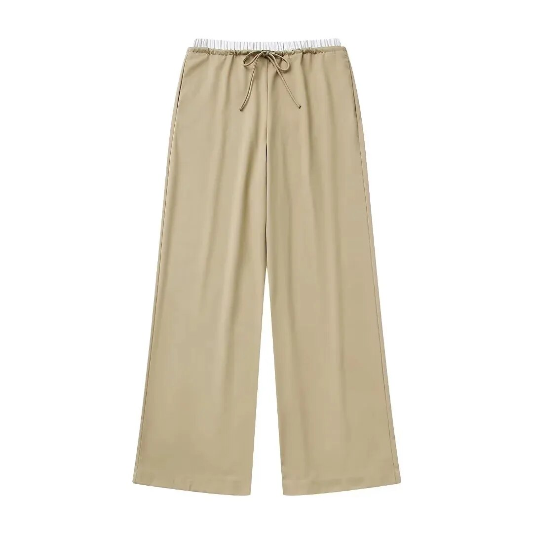 KONDALA Vintage Khaki Office Lady Suit V-Neck Single Button Sleeveless Vest High Waist Long Straight Pants Fashion 2024 Autumn Pants