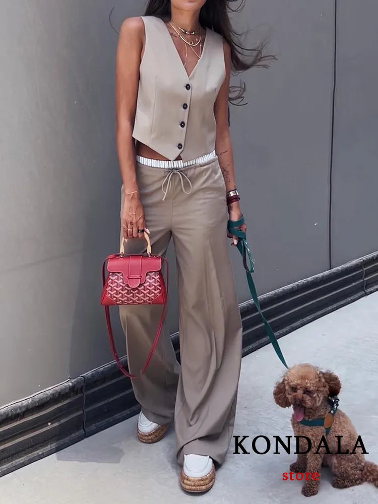 KONDALA Vintage Khaki Office Lady Suit V-Neck Single Button Sleeveless Vest High Waist Long Straight Pants Fashion 2024 Autumn