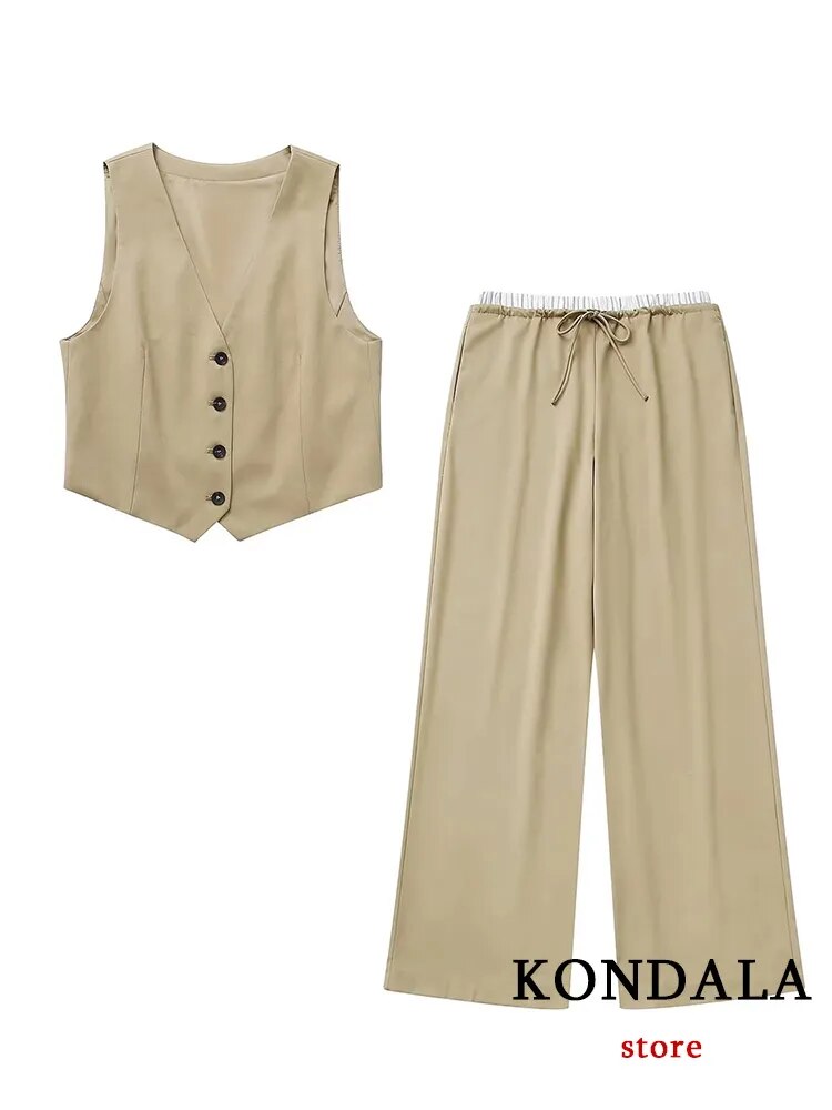 KONDALA Vintage Khaki Office Lady Suit V-Neck Single Button Sleeveless Vest High Waist Long Straight Pants Fashion 2024 Autumn