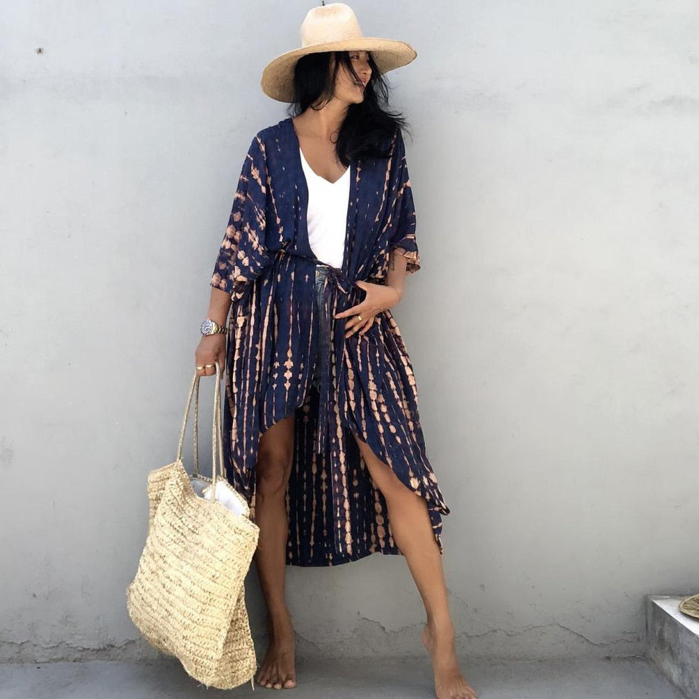 Kaftan Beach Tunic Beach Cover up Saida de Praia Swimsuit Blue One Size