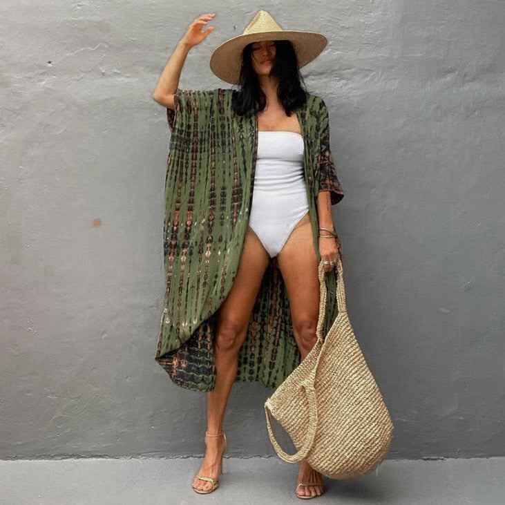 Kaftan Beach Tunic Beach Cover up Saida de Praia Swimsuit Army Green One Size