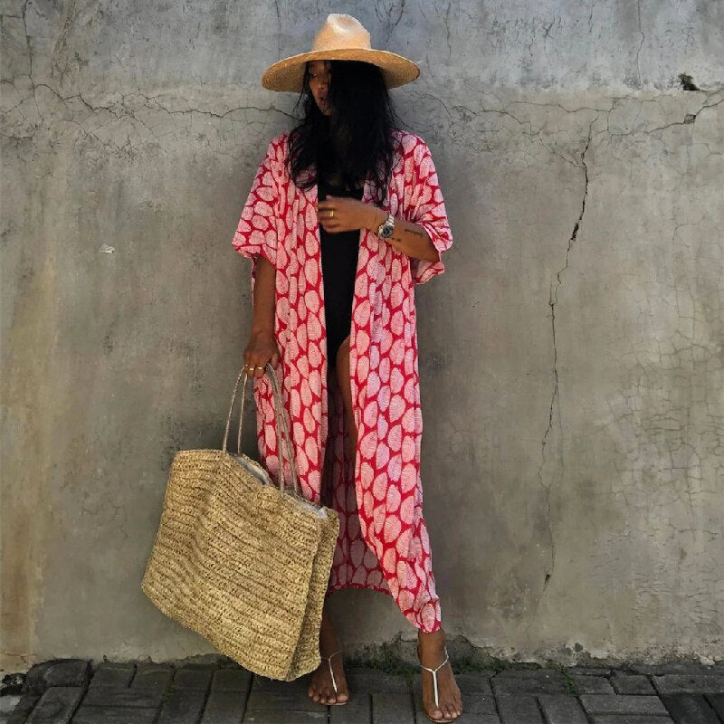 Kaftan Beach Tunic Beach Cover up Saida de Praia Swimsuit Pink Leaves One Size