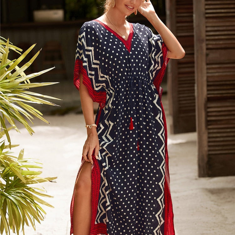 Kaftan Embroidery Beach Cover up Saida de Praia Swimsuit Women Bikini cover up Tunics for Beach Pareo Sarong Beachwear Red One Size
