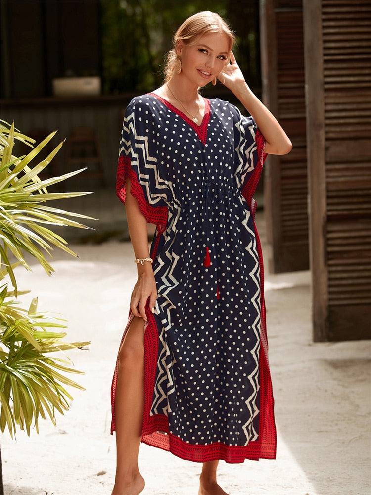 Kaftan Embroidery Beach Cover up Saida de Praia Swimsuit Women Bikini cover up Tunics for Beach Pareo Sarong Beachwear Red One Size