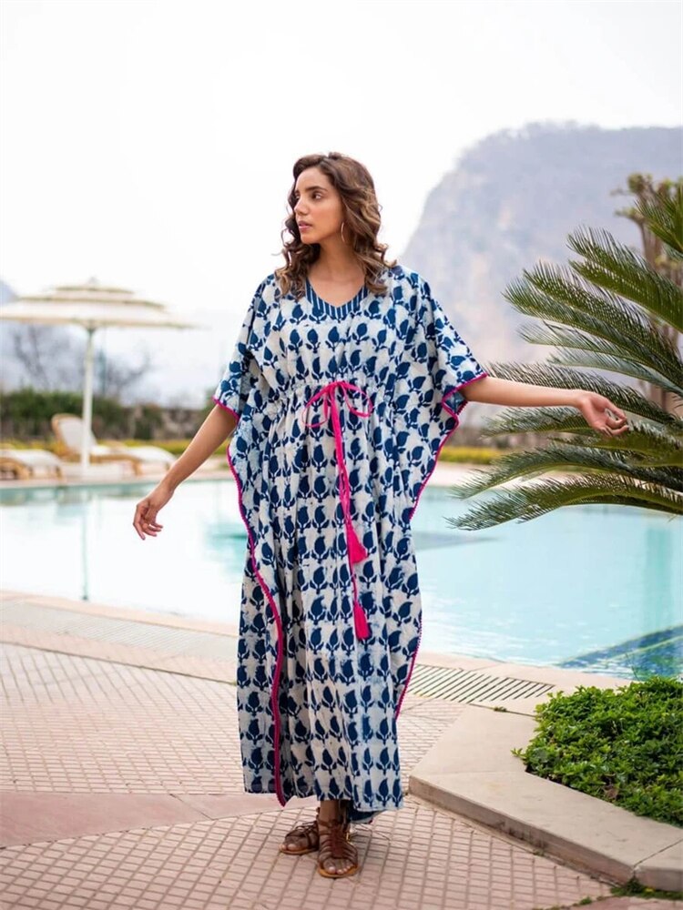 Kaftan Embroidery Beach Cover up Saida de Praia Swimsuit Women Bikini cover up Tunics for Beach Pareo Sarong Beachwear Blue One Size