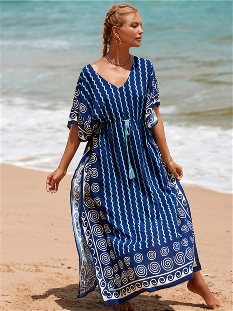 Kaftan Embroidery Beach Cover up Saida de Praia Swimsuit Women Bikini cover up Tunics for Beach Pareo Sarong Beachwear Cyan One Size