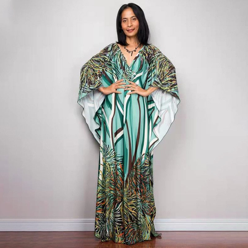 Kaftans - Kimono Printed Bohemian Beach Dresses Maxi Robe Bathing Suits Seaside Holiday Beachwear Style-5 One Size