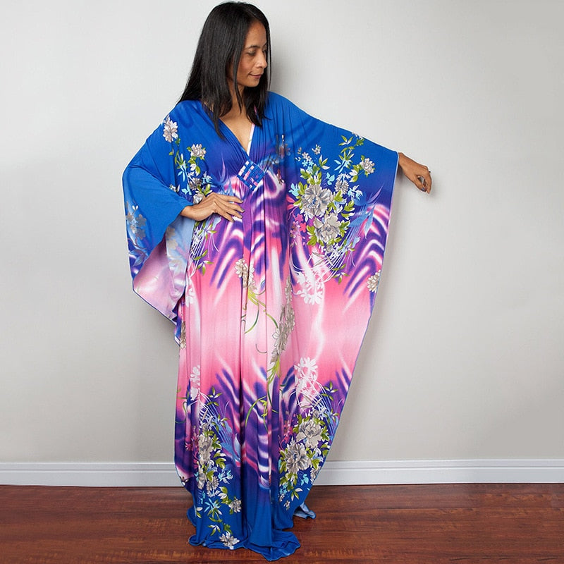 Kaftans - Kimono Printed Bohemian Beach Dresses Maxi Robe Bathing Suits Seaside Holiday Beachwear Style-25 One Size