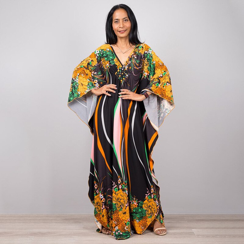 Kaftans - Kimono Printed Bohemian Beach Dresses Maxi Robe Bathing Suits Seaside Holiday Beachwear Style-21 One Size