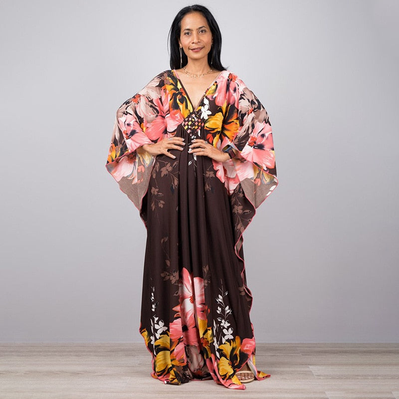 Kaftans - Kimono Printed Bohemian Beach Dresses Maxi Robe Bathing Suits Seaside Holiday Beachwear Style- 7 One Size