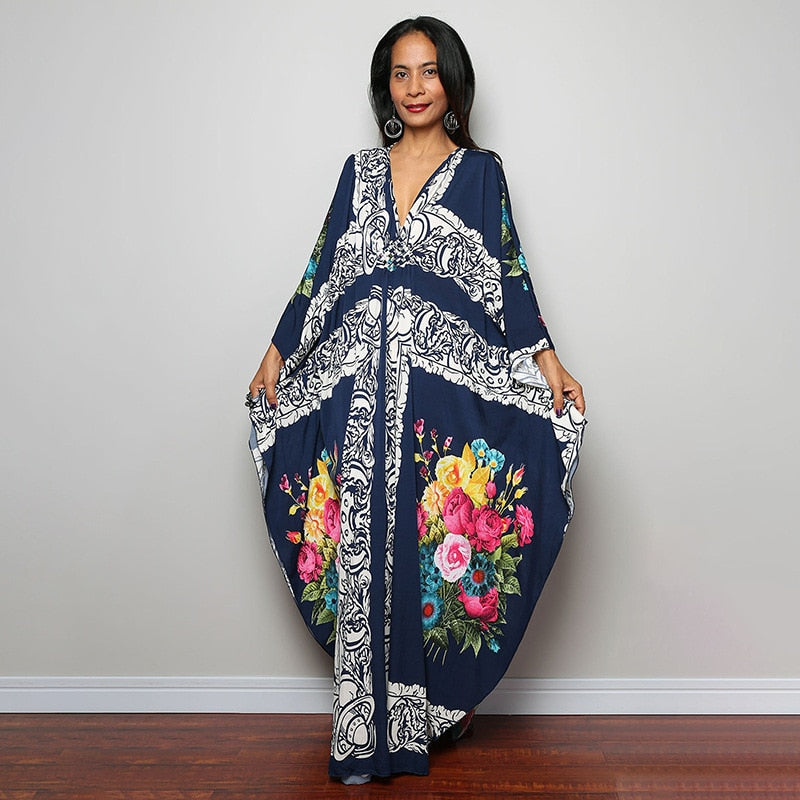 Kaftans - Kimono Printed Bohemian Beach Dresses Maxi Robe Bathing Suits Seaside Holiday Beachwear Style-19 One Size