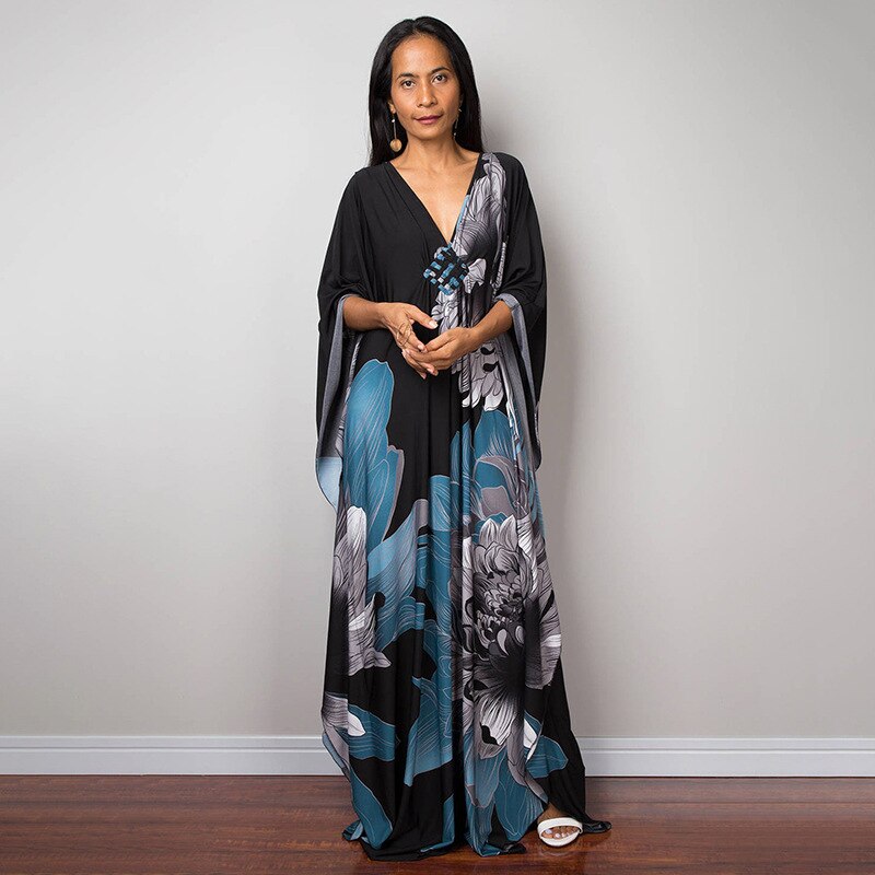 Kaftans - Kimono Printed Bohemian Beach Dresses Maxi Robe Bathing Suits Seaside Holiday Beachwear Style-17 One Size
