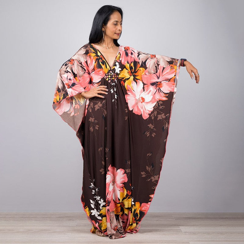 Kaftans - Kimono Printed Bohemian Beach Dresses Maxi Robe Bathing Suits Seaside Holiday Beachwear