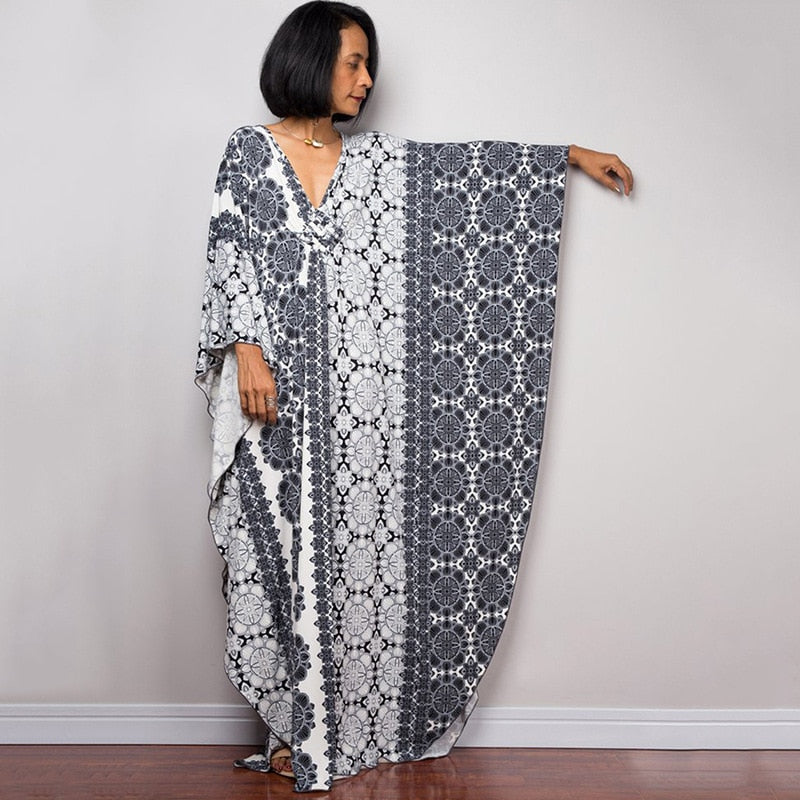 Kaftans - Kimono Printed Bohemian Beach Dresses Maxi Robe Bathing Suits Seaside Holiday Beachwear Style-28 One Size