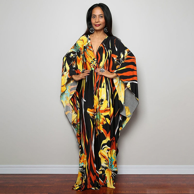 Kaftans - Kimono Printed Bohemian Beach Dresses Maxi Robe Bathing Suits Seaside Holiday Beachwear Style-15 One Size
