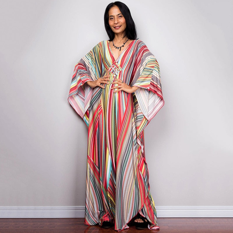 Kaftans - Kimono Printed Bohemian Beach Dresses Maxi Robe Bathing Suits Seaside Holiday Beachwear Style-2 One Size