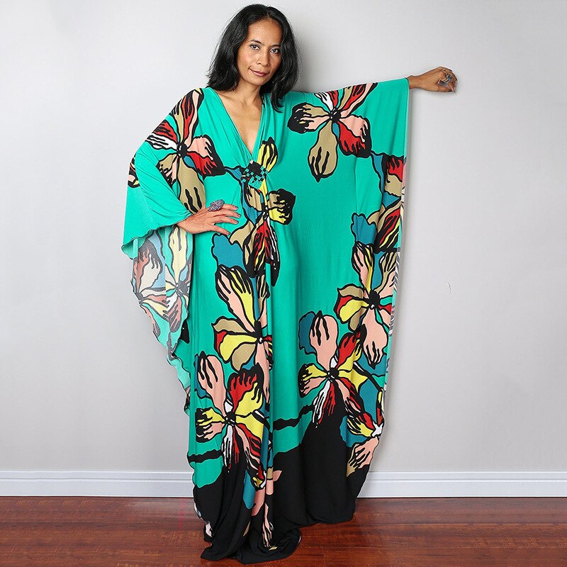 Kaftans - Kimono Printed Bohemian Beach Dresses Maxi Robe Bathing Suits Seaside Holiday Beachwear Style-31 One Size