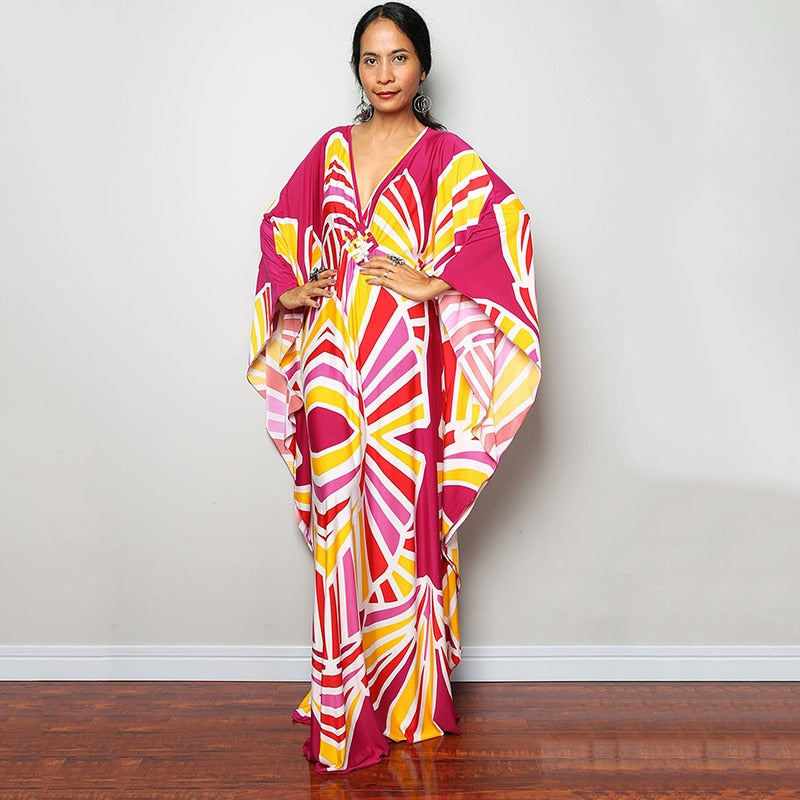 Kaftans - Kimono Printed Bohemian Beach Dresses Maxi Robe Bathing Suits Seaside Holiday Beachwear Style-26 One Size