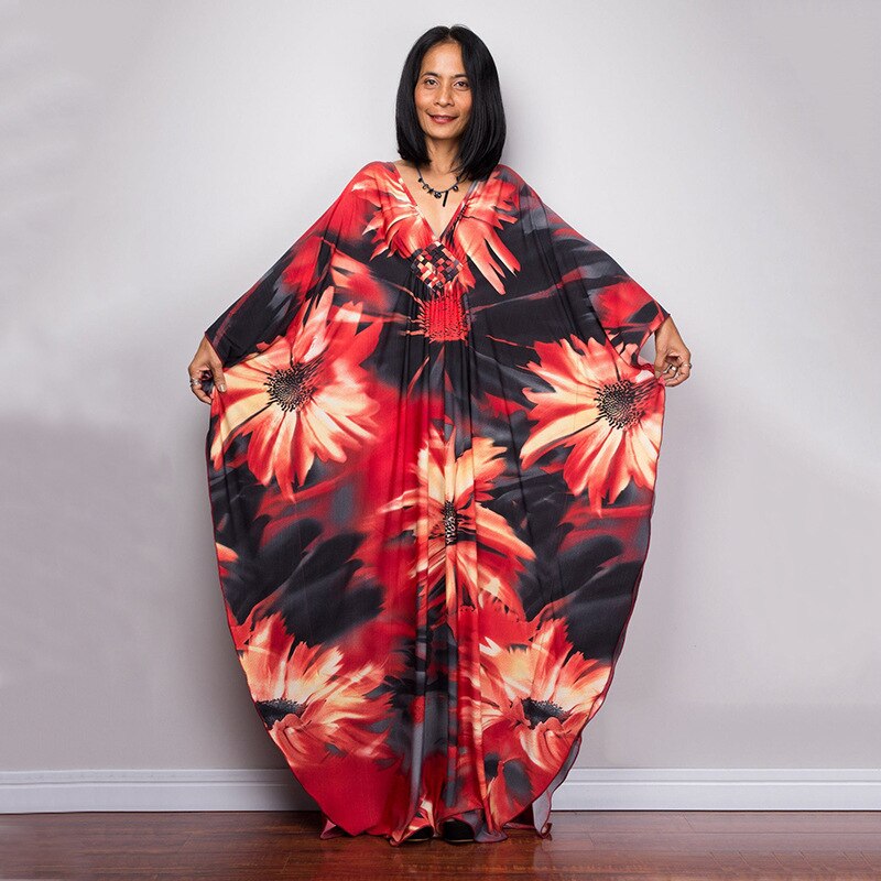 Kaftans - Kimono Printed Bohemian Beach Dresses Maxi Robe Bathing Suits Seaside Holiday Beachwear Style-3 One Size