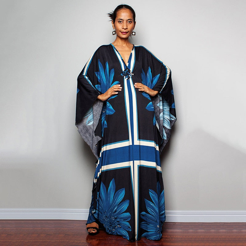 Kaftans - Kimono Printed Bohemian Beach Dresses Maxi Robe Bathing Suits Seaside Holiday Beachwear Style-16 One Size