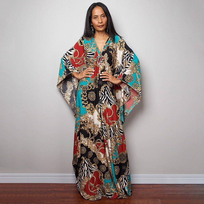 Kaftans - Kimono Printed Bohemian Beach Dresses Maxi Robe Bathing Suits Seaside Holiday Beachwear Style-23 One Size