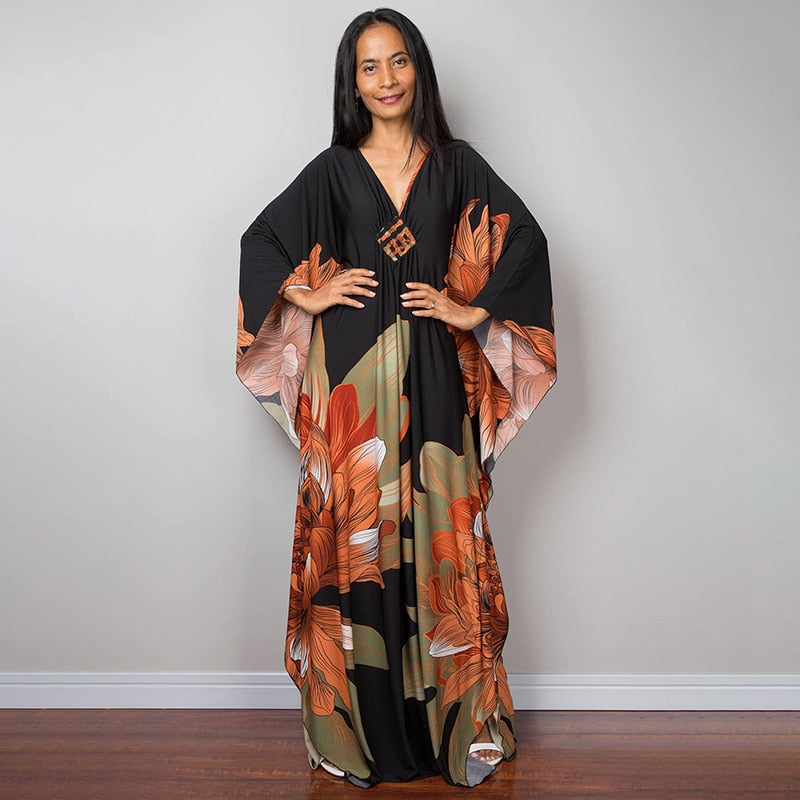 Kaftans - Kimono Printed Bohemian Beach Dresses Maxi Robe Bathing Suits Seaside Holiday Beachwear Style-35 One Size