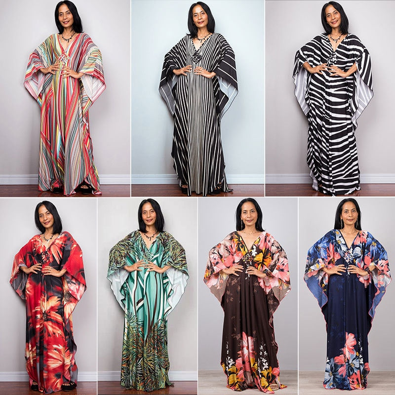 Kaftans - Kimono Printed Bohemian Beach Dresses Maxi Robe Bathing Suits Seaside Holiday Beachwear
