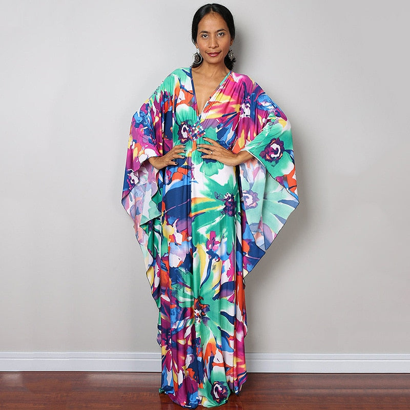 Kaftans - Kimono Printed Bohemian Beach Dresses Maxi Robe Bathing Suits Seaside Holiday Beachwear Style-10 One Size