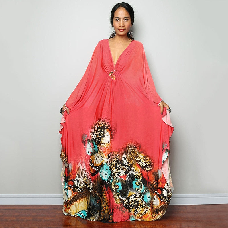 Kaftans - Kimono Printed Bohemian Beach Dresses Maxi Robe Bathing Suits Seaside Holiday Beachwear Style-40 One Size
