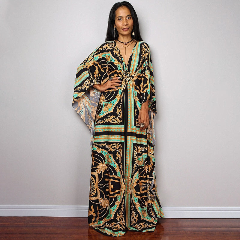 Kaftans - Kimono Printed Bohemian Beach Dresses Maxi Robe Bathing Suits Seaside Holiday Beachwear Style-34 One Size