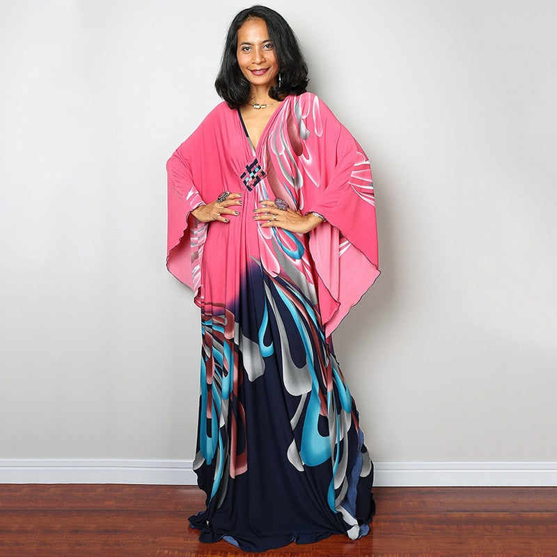 Kaftans - Kimono Printed Bohemian Beach Dresses Maxi Robe Bathing Suits Seaside Holiday Beachwear Style-36 One Size