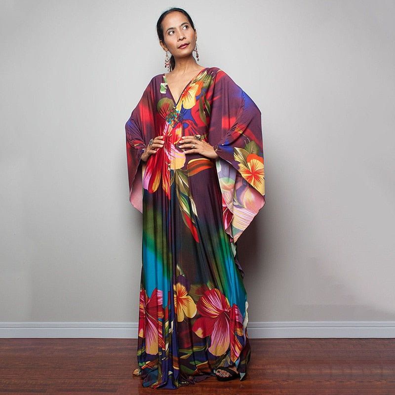 Kaftans - Kimono Printed Bohemian Beach Dresses Maxi Robe Bathing Suits Seaside Holiday Beachwear Style-18 One Size